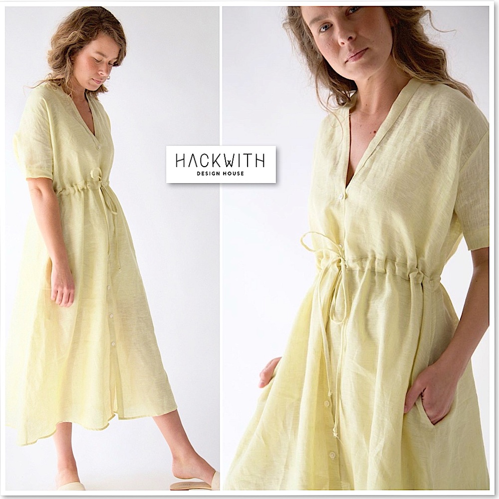 NWT Hackwith Design House Clara Linen Midi Dress XL Yellow Cinch Waist Button Up